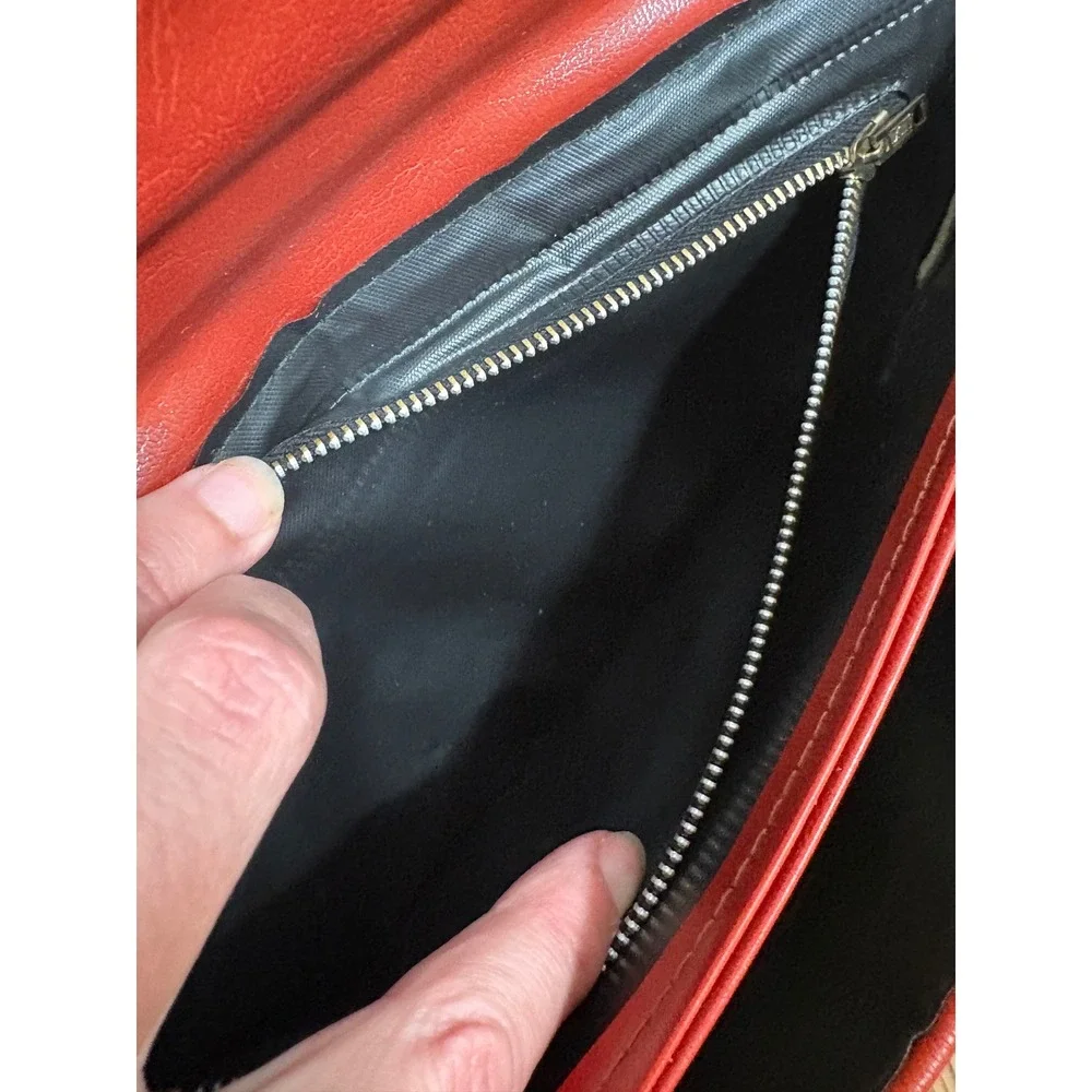 Vintage Leather Envelope Clutch Bag Pleated Sunburst Evening Handbag Orange